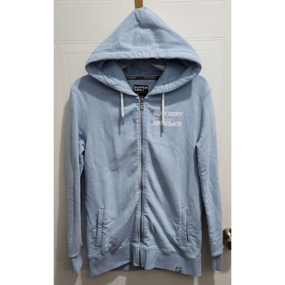 Superdry Light Blue Long Sleeve Full Zip Logo Hoodie Women's Size XS US 4 Cotton